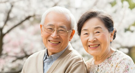 Fototapeta premium Joyful elderly couple in blooming garden embracing springtime happiness