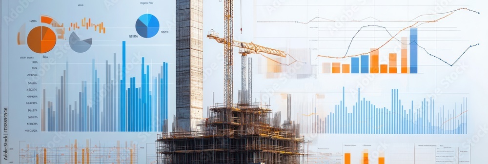 Aufkleber Construction project data with charts and building under construction.