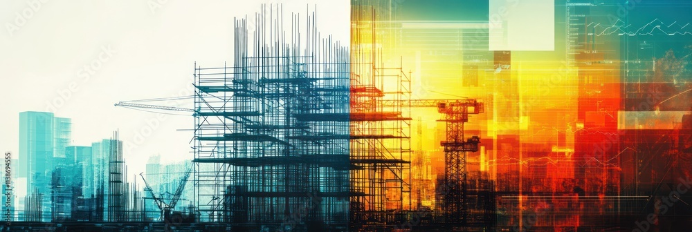 Poster construction site with scaffolding, cranes and data overlays.