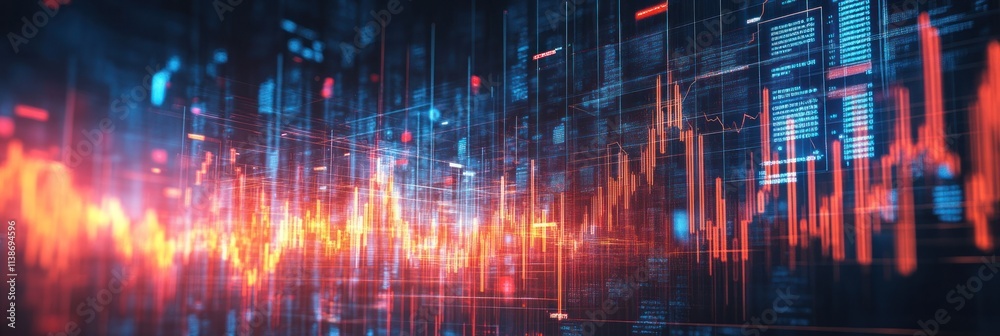 Poster abstract glowing data chart with lines, grid, and blue background.