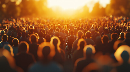 Person in wheelchair is walking down street with many people. Crowd of disabled people are gathered around a wheelchair. Many disabled people on the street. A crowd of lifestyle people are gathered.