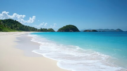 Tranquil Pristine Beach with White Sand and Gentle Turquoise Waves Under a Clear Blue Sky