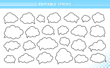 Outline speech bubble in cloud shapes set. Black line quote frame. Simple curves, smooth edges, rounded forms. Abstract contours clouds icon, puffy silhouettes, cartoon clean editable strokes form