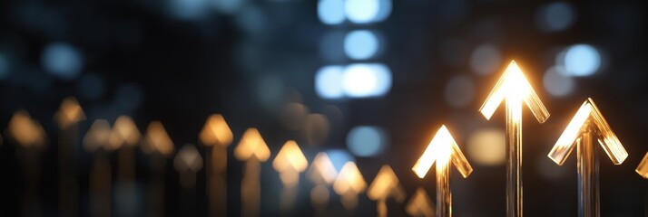 Lit arrows in various sizes pointing upwards create a sense of direction, ambition, and success in the image.