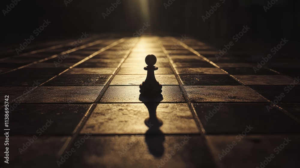 Poster Single chess pawn on chessboard with dark background and shining light.