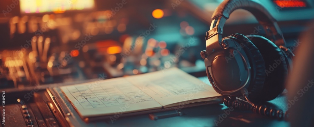Aufkleber headphones and notes on a console with a blurred background.