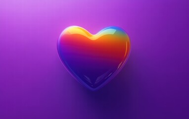 A minimalist digital-style rainbow heart with a soft glow, placed on a bold purple background