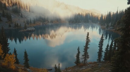 Fototapeta premium Mountain lake reflecting sky and trees in foggy morning.