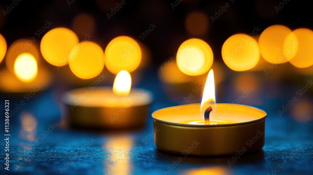 Poster Lit candles with soft bokeh lights on a dark surface.