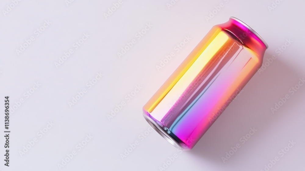 Poster shiny colorful metallic can on plain surface with soft lighting.