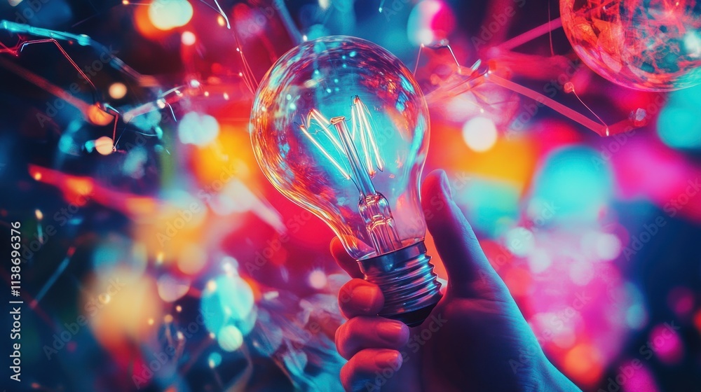Poster hand holding a lightbulb with bokeh and colorful abstract lights.