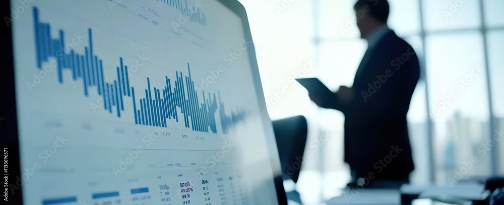 Poster Business data displayed on screen; man using tablet blurred background.