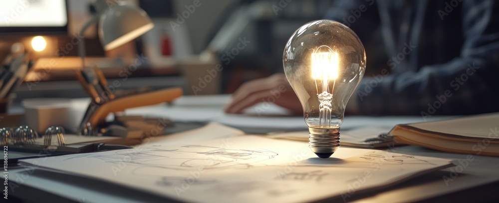 Poster Lit bulb on design sketches.