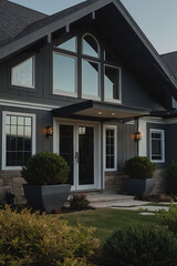 Fototapeta premium Modern gray house with large front windows, stylish door, and landscaped entrance featuring potted shrubs.