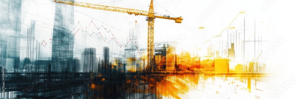 Poster blurred construction site with crane and overlayed graph.
