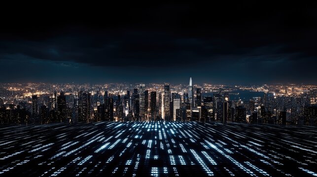 A vibrant city skyline illustrates the integration of technology with binary code overlaying modern buildings under a sunny sky