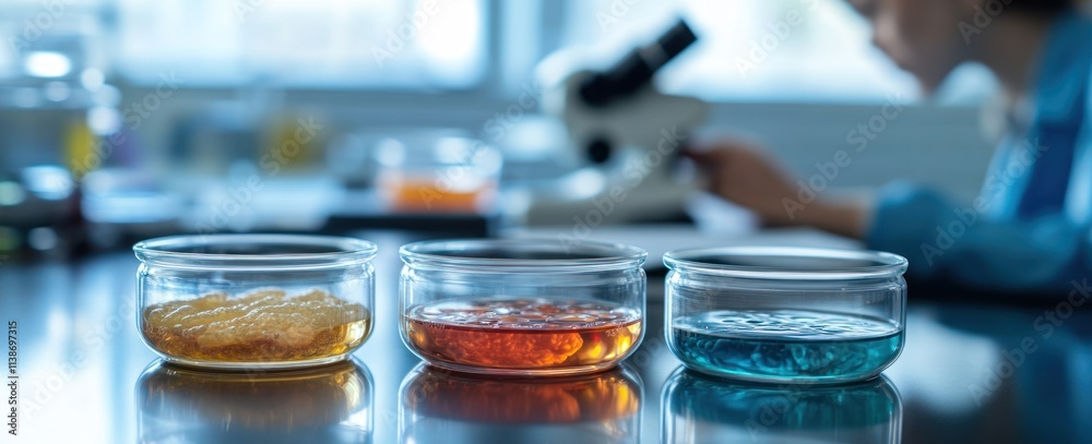 Leinwandbilder scientist analyzing colored samples with microscope in laboratory.