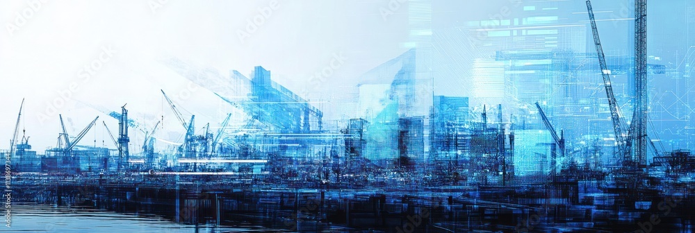 Poster blurry blue view of port with cranes and data overlay.