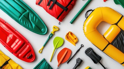 Colorful boating gear flat lay.