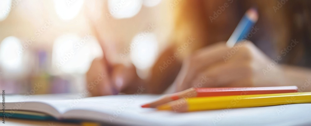 Poster Writing with pencils on open notebook in blurred bright light.