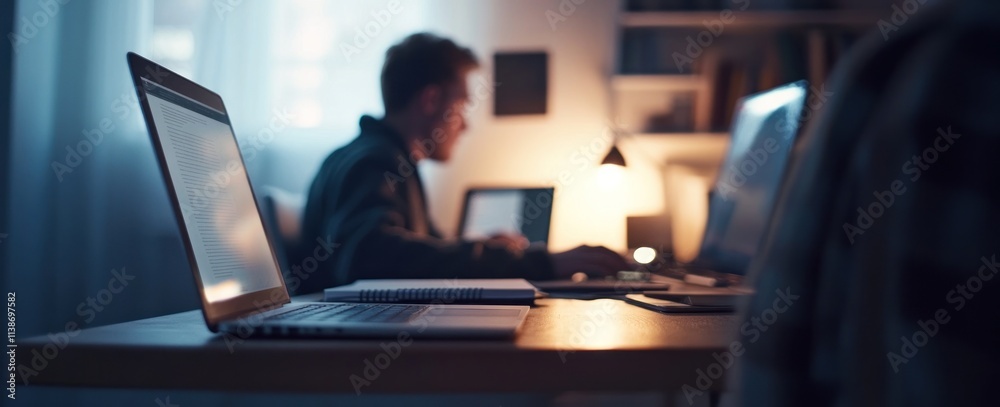 Poster Man works with laptops late at night, using multiple devices.
