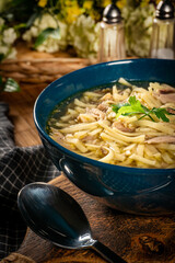 Broth - chicken soup in a bowl.