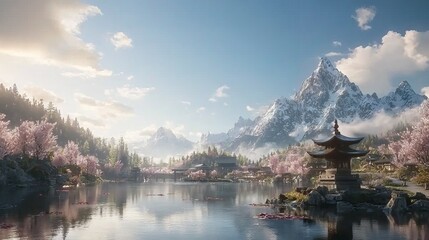 Fototapeta premium A serene landscape featuring mountains, cherry blossoms, and a tranquil lake.