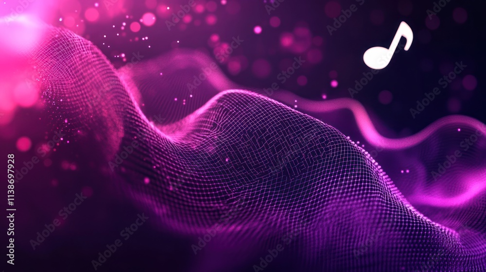 Poster Abstract purple mesh waves with bokeh and musical note graphic.