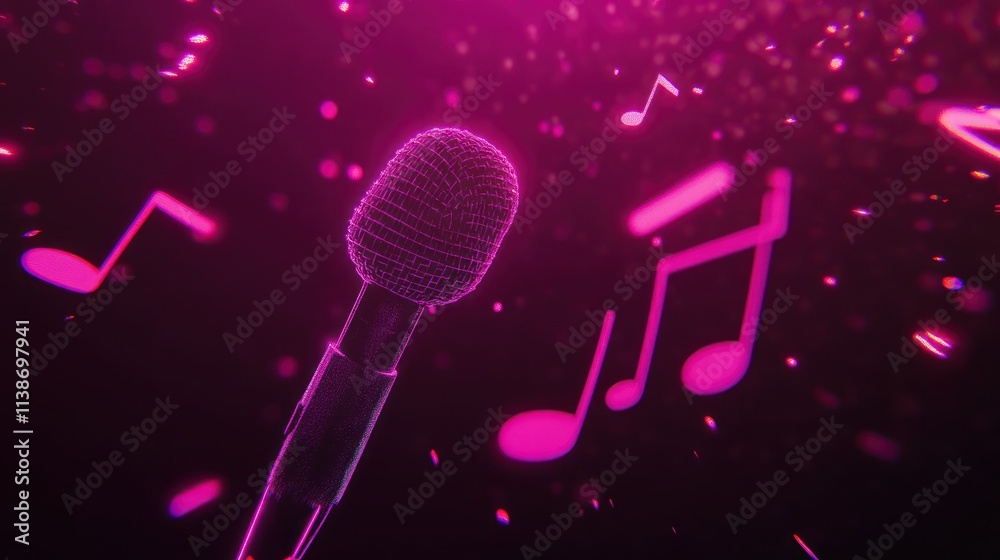 Poster Microphone with pink music notes and sparkling particles.