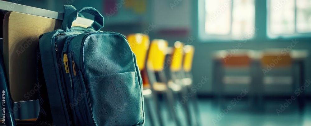 Aufkleber backpack hangs on empty chairs in a classroom.