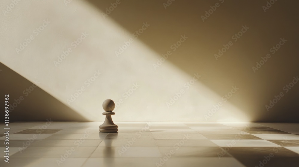 Poster Lone pawn on chessboard with light and shadow pattern.