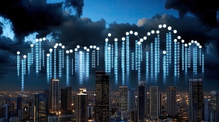 Fototapeta premium A vibrant city skyline illustrates the integration of technology with binary code overlaying modern buildings under a sunny sky
