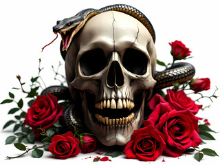 Fototapeta premium 3D Ai Digital illustration art tattoo logo design with Skull, Cobra snake, vibrant, roses, thorns, horns, digital art, danger, scary, horror, t-shirt, stickers, vintage, Isolated on white background 