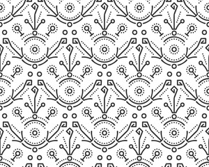Seamless geometric pattern. Elegant floral motifs, thin lines, and minimal decorative details. Modern monochrome background, luxury texture, and repeating ornament, circles, dots, symmetrical shapes
