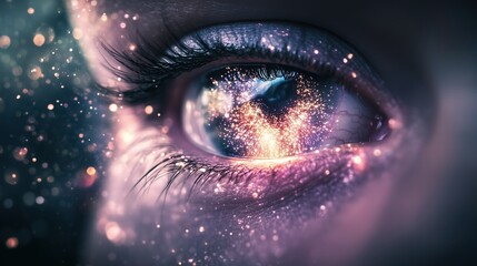 Naklejka premium Close-up of human eye reflecting vibrant glowing galaxy. Vision and imagination concept.
