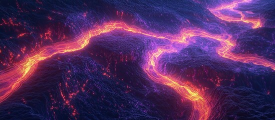 Fototapeta premium Aerial view of glowing lava flowing through a dark, rocky landscape.