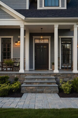 Front entrance of a modern home featuring stone steps, a dark door, and lanterns beside large windows.
