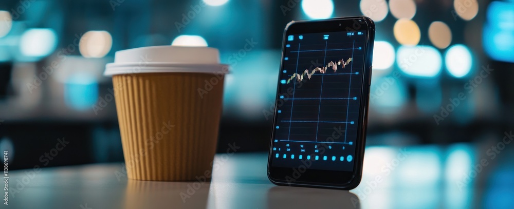 Poster Coffee and phone displaying stock market graph on a table.