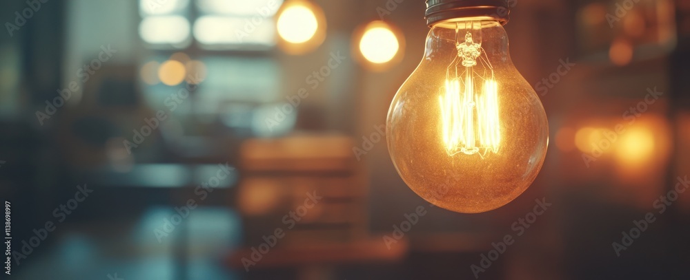 Poster Glowing lightbulb hangs in a blurred room with bokeh lights in background.