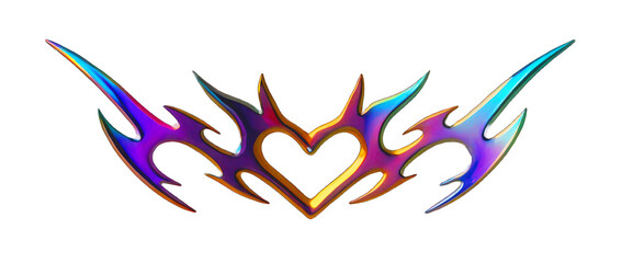 3D render holographic chrome Y2K element, isolated background. Liquid metal, neo tribal style icon, succubus tattoo. Demon heart sigil, modern form, neon.