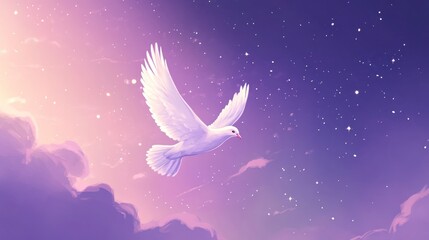 White dove flies in soft sky with stars and clouds.