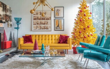 Obraz premium Bright and playful living room with a yellow Christmas tree, contrasting with teal and red decorations, and quirky modern furniture