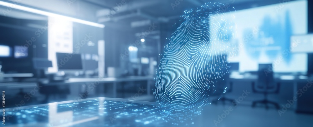 Poster fingerprint hologram with office tech, data analysis, security background.