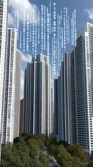 Obraz premium A vibrant city skyline illustrates the integration of technology with binary code overlaying modern buildings under a sunny sky