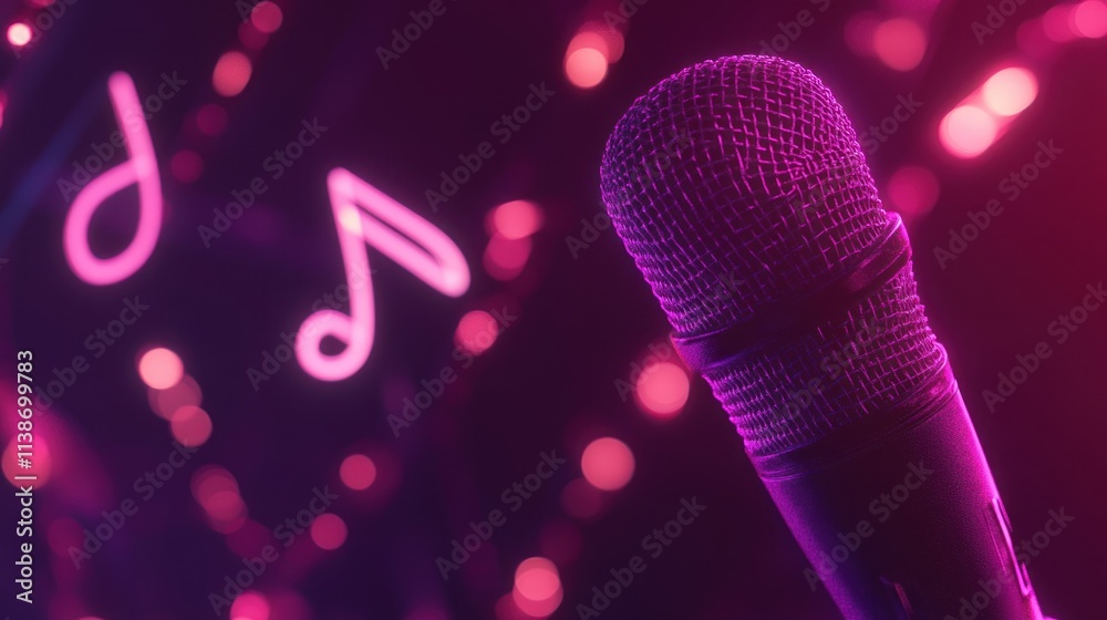 Aufkleber microphone with neon musical notes and bokeh lights in background.