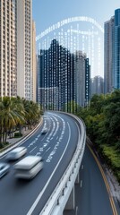 A vibrant city skyline illustrates the integration of technology with binary code overlaying modern buildings under a sunny sky