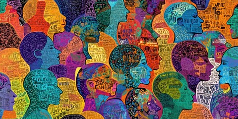 pattern with colorful silhouettes of people in profile, their faces filled with words and patterns Generative AI