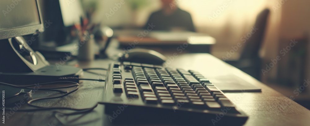 Fototapete close up view of keyboard and computer on desk.