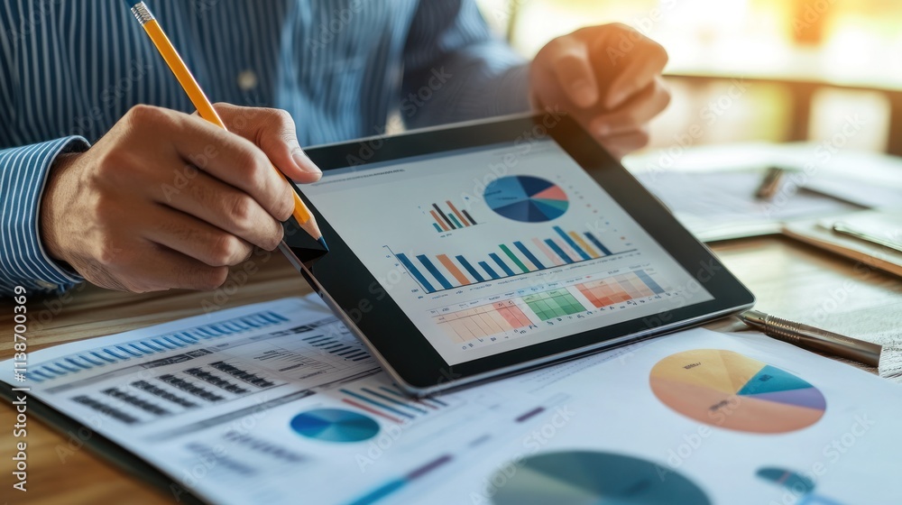 Poster Man analyzing charts with digital tablet and pen.