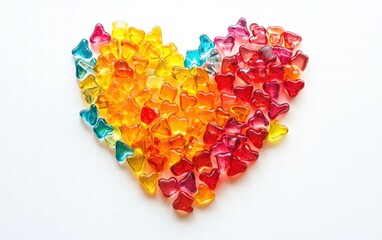 A heart made of colorful gummy candies, scattered and glowing brightly on a white background